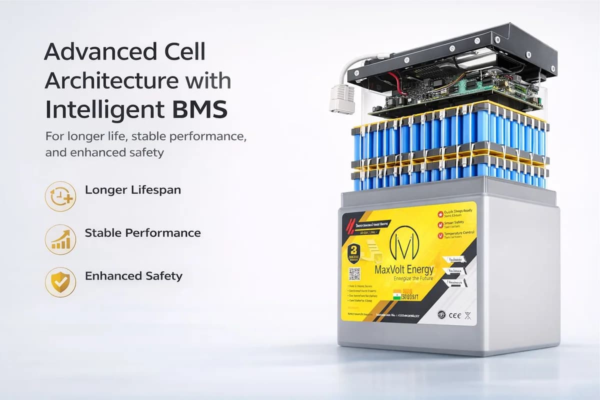 Maxvolt advanced cell architecture with intelligent BMS — for longer life, stable performance and enhanced safety